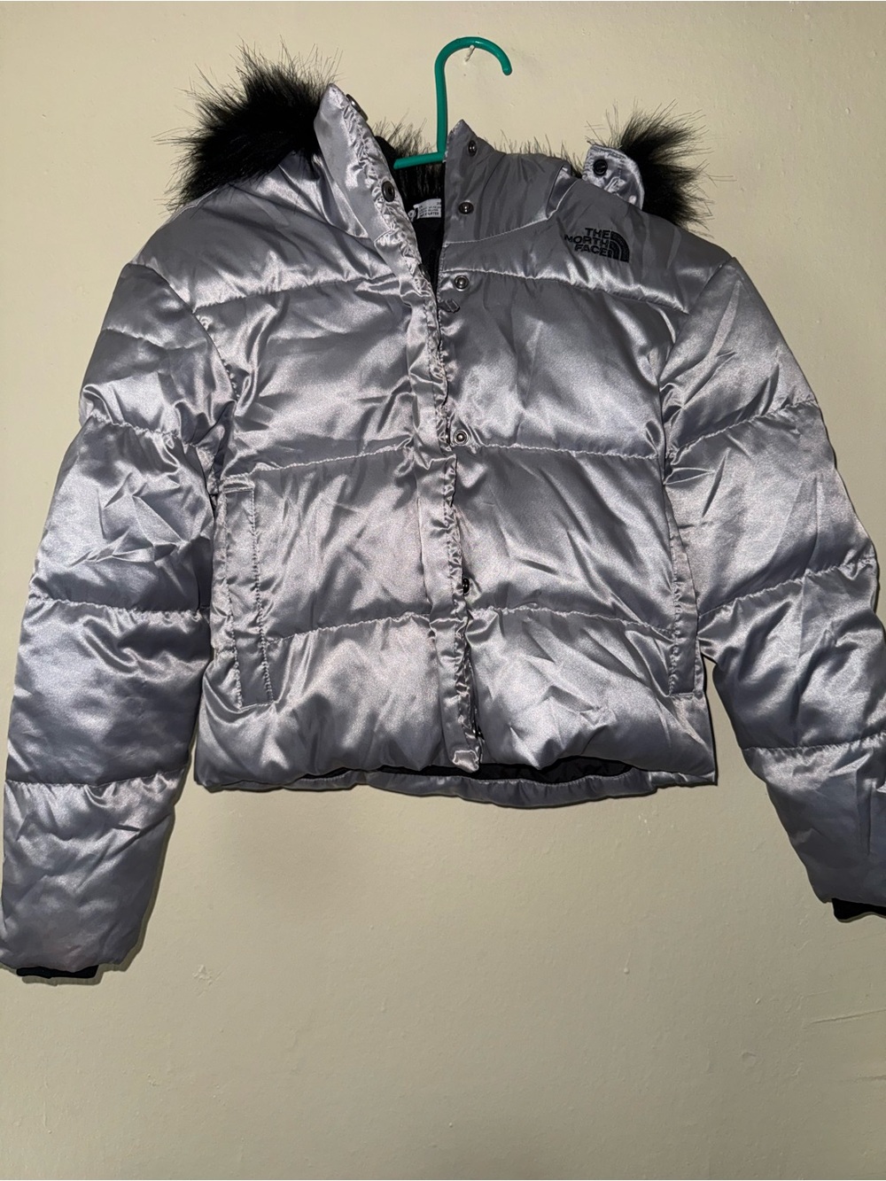 The North Face Girls' Silver Puffer Jacket with Faux-Fur Trim